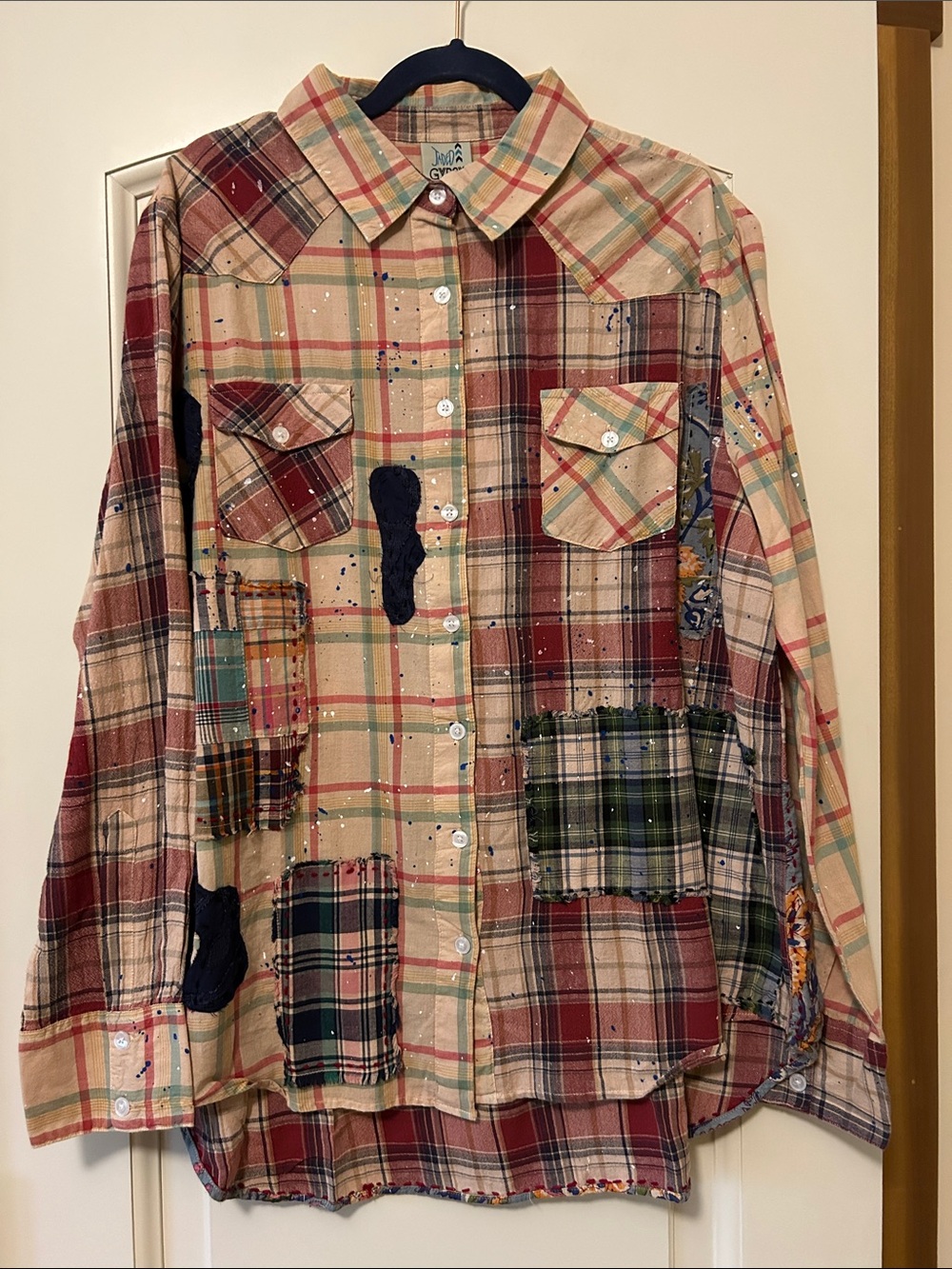 Jaded Gypsy Plaid Patchwork Spattered with Love Button-Down- Beige & Red